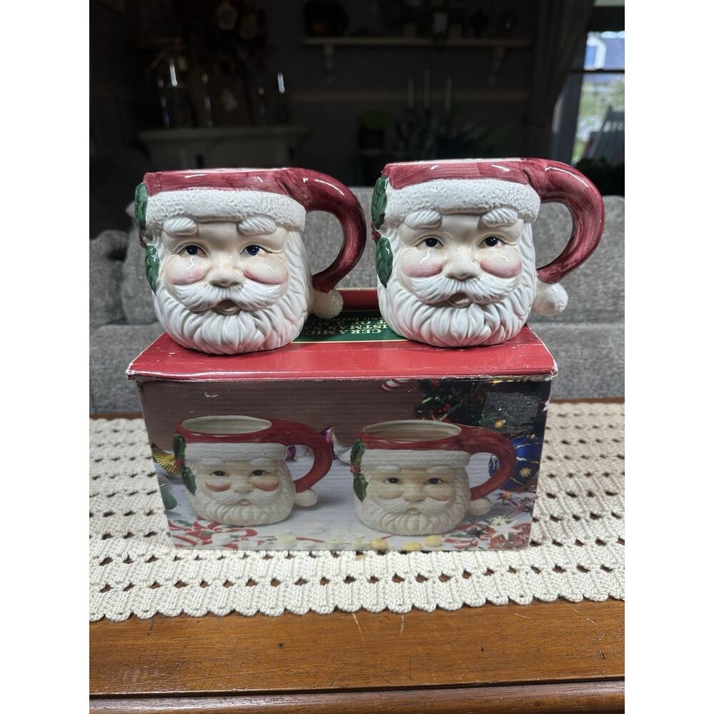 Vtg Santa Claus Face Ceramic Mugs Set of 2 Jay Imports in Box Christmas 4"